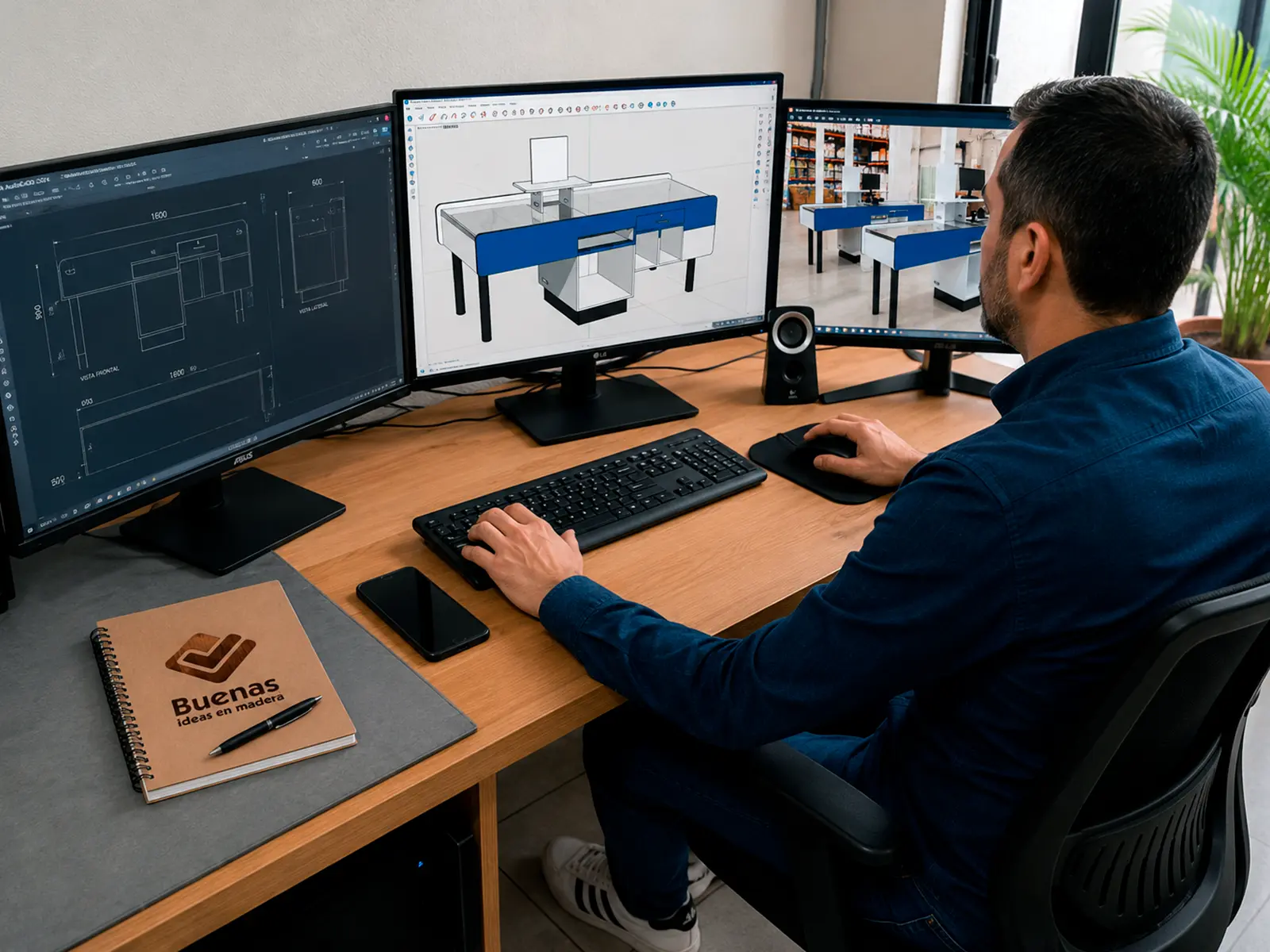 Persona diseñando un checkout de mobiliario comercial en una estación de trabajo con tres monitores.