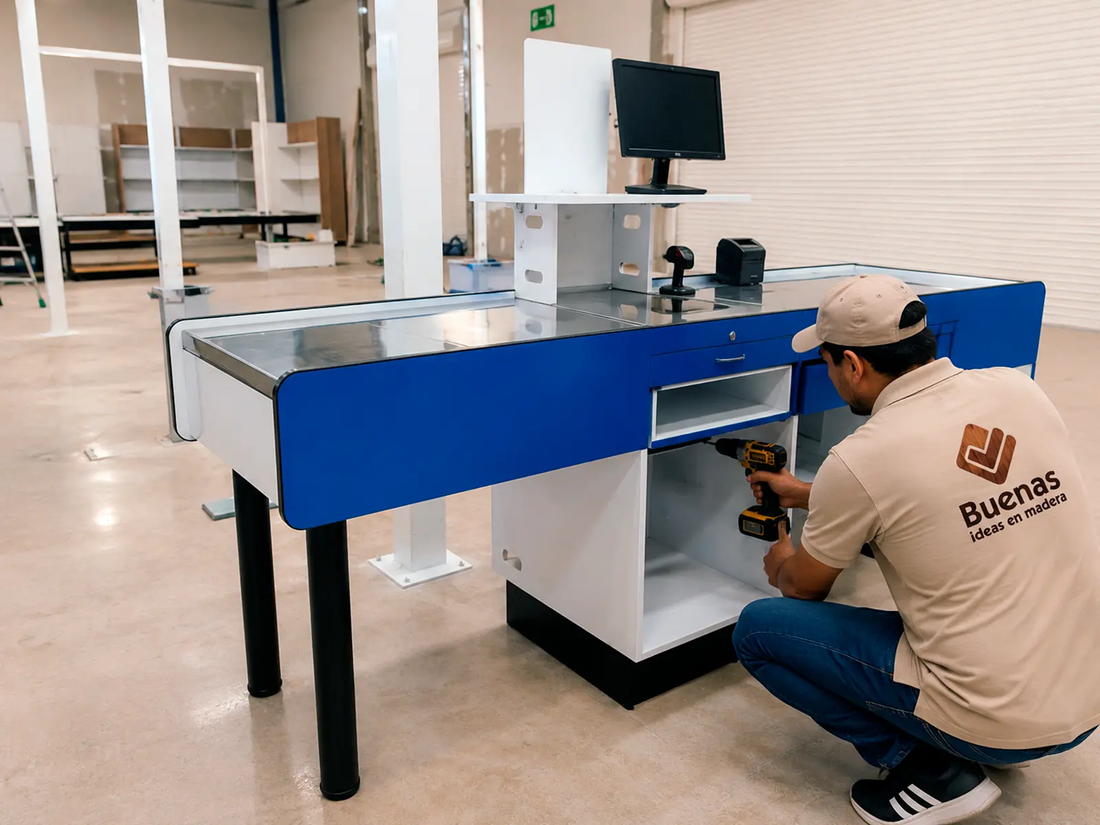Técnico instalando un checkout de mobiliario comercial en una tienda en proceso de acondicionamiento.