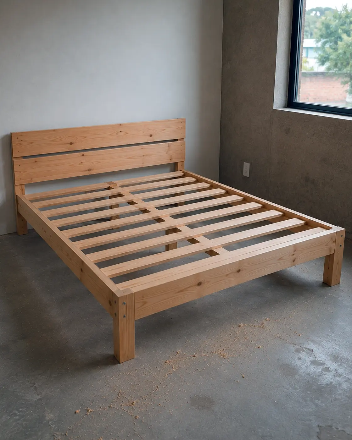 Base de cama de madera de pino con cabecera instalada en una habitación.