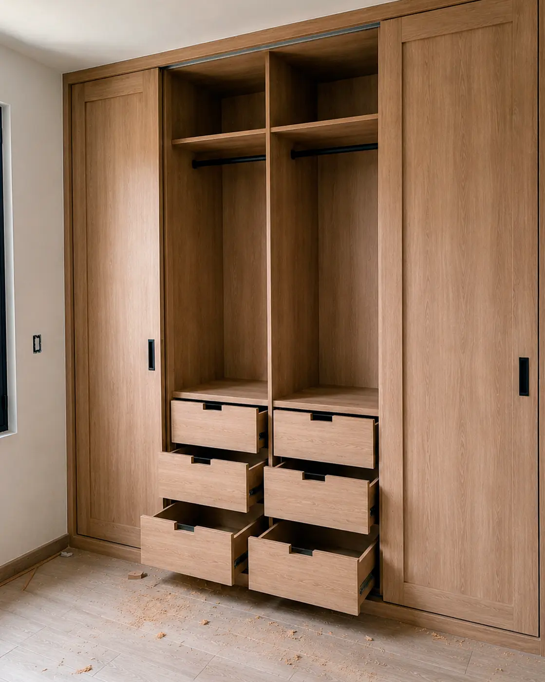 Clóset empotrado de madera con puertas corredizas y cajones abiertos.