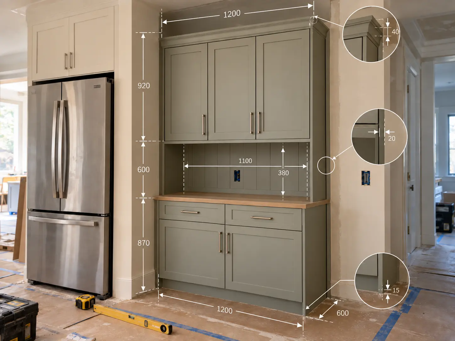 Mueble de almacenamiento a medida en proceso de instalación, con cotas y detalles constructivos.
