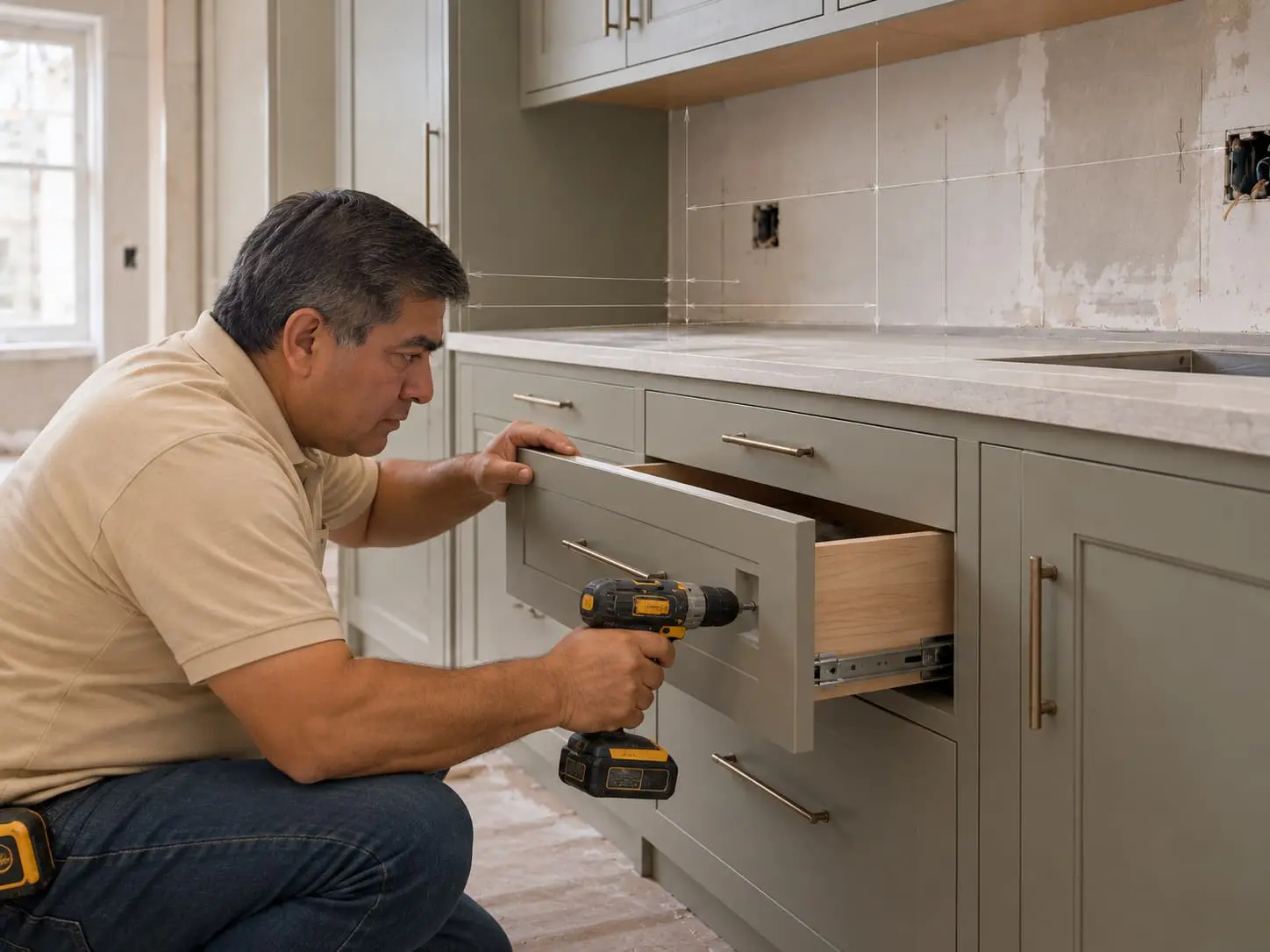Carpintero realizando ajustes finales con un taladro en un mueble de cocina instalado.