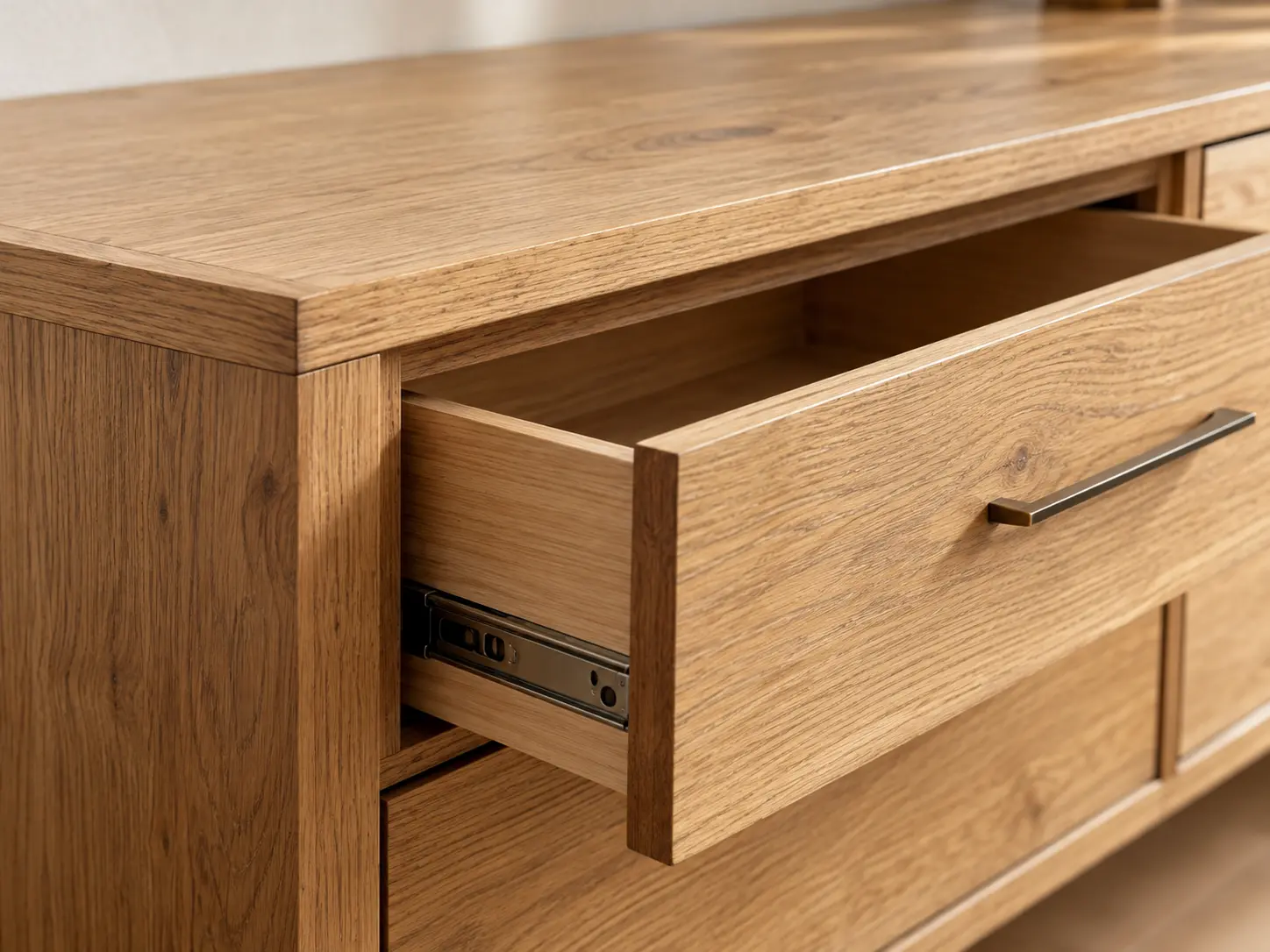 Detalle de un mueble de madera con veta visible, cajón abierto, canto y herraje metálico.