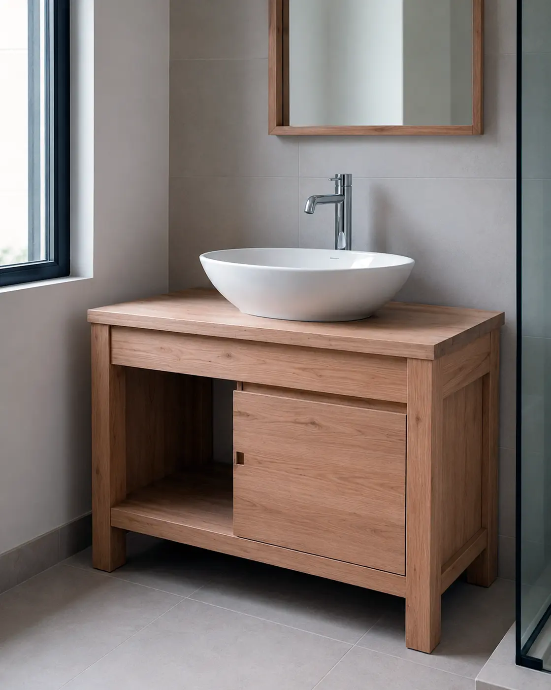 Mueble de baño de madera con lavabo sobrepuesto en un espacio residencial.