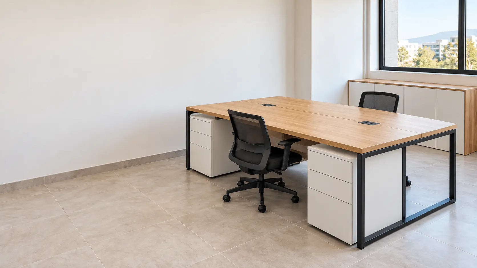 Estación de trabajo compartida con cajoneras y mueble de almacenamiento en una oficina.