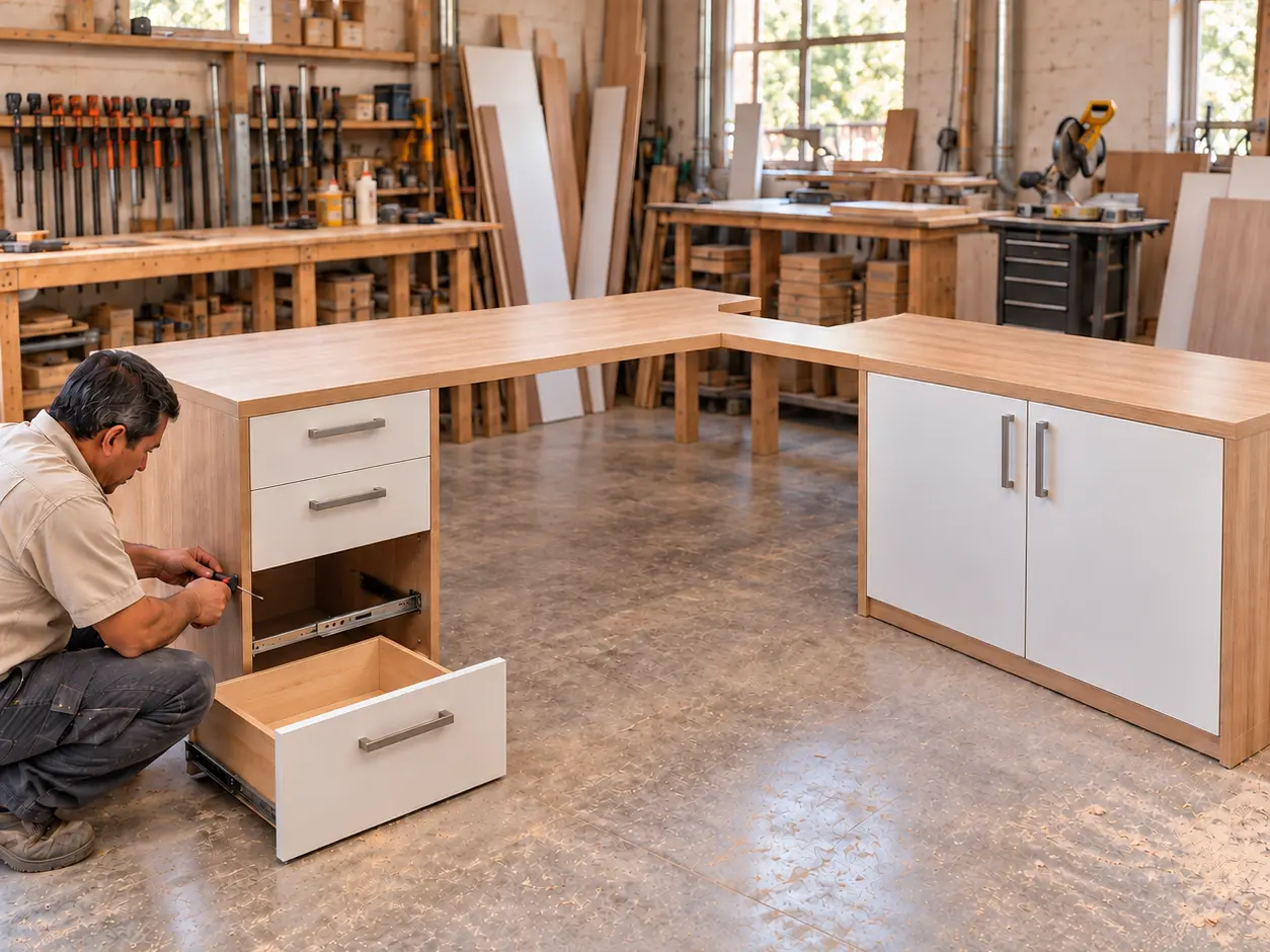 Carpintero ajustando los cajones de un escritorio en L con almacenamiento durante su fabricación en el taller.