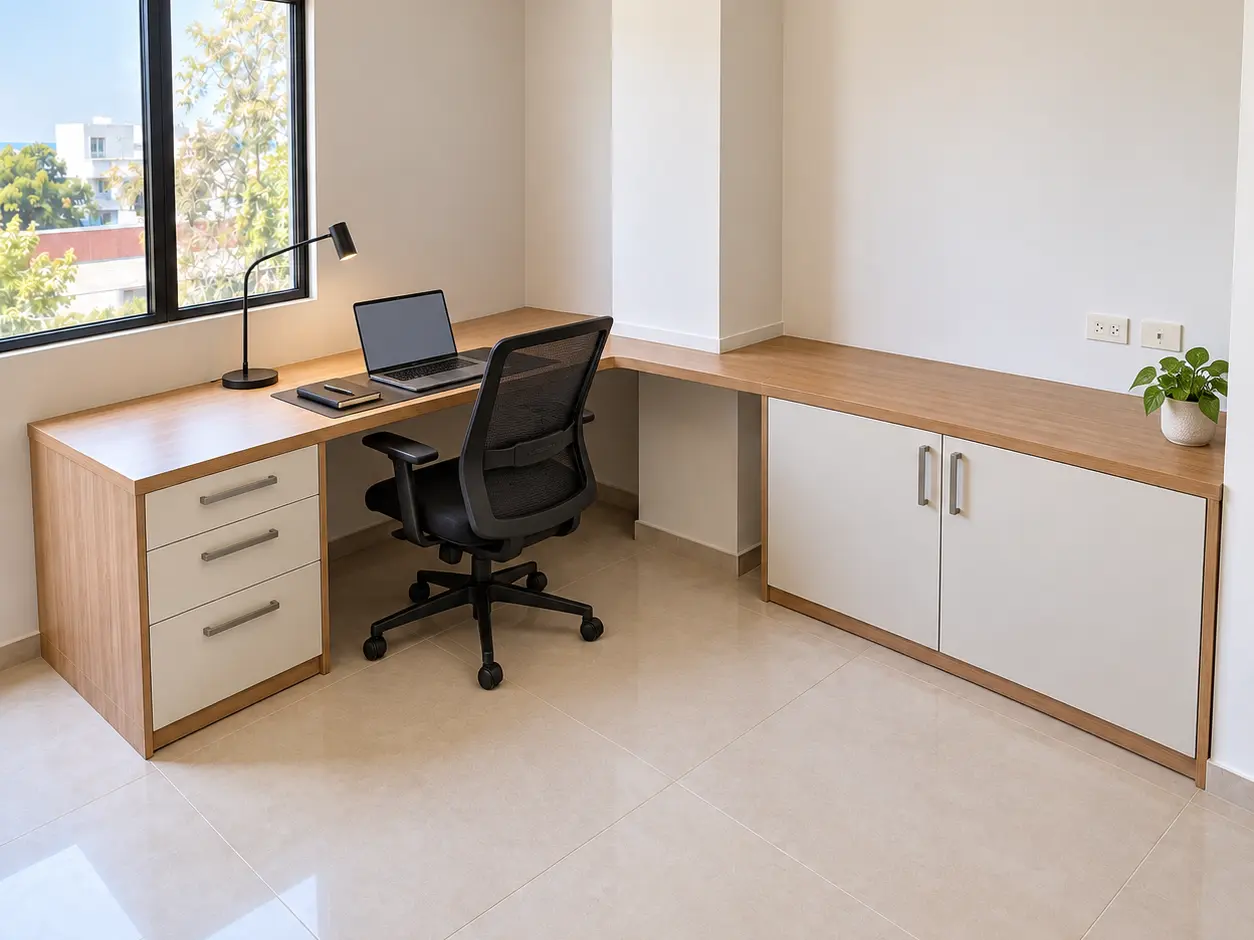 Escritorio en L terminado y adaptado a la columna, con almacenamiento, silla y equipo de trabajo en la oficina.